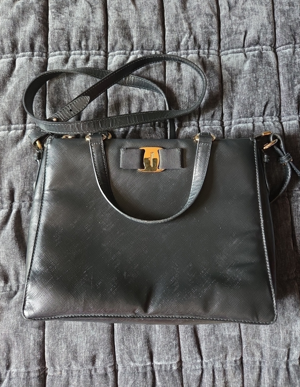 Salvatore Ferragamo Black Leather Top-Handle Shoulder Bag with Gold Bow Accent